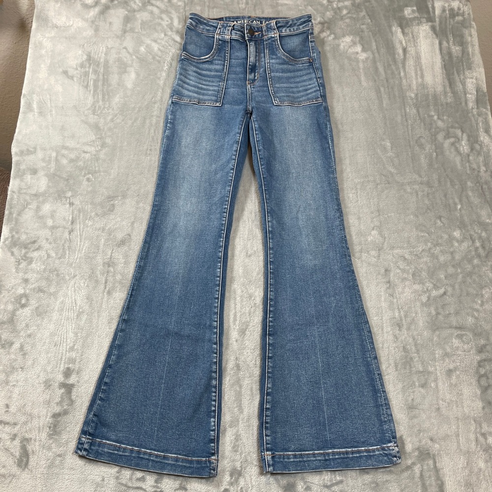American Eagle Jeans Size 0 Regular Super Hi-Rise Flare Medium Wash Patch Pocket